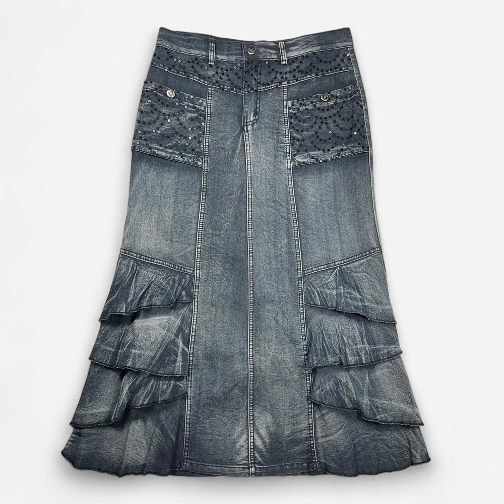 Peace Buttons Secret Denim Whimsygoth Ruffle Sequin Embroidery Maxi Skirt